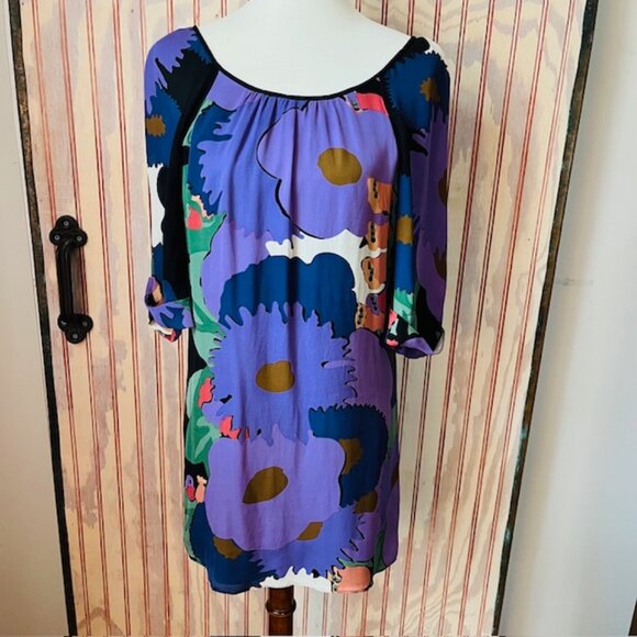 Tibi Silk Bold Floral Mini Tunic Dress Smock Neck Tie Back Size 2 Purple Navy - Picture 1 of 8